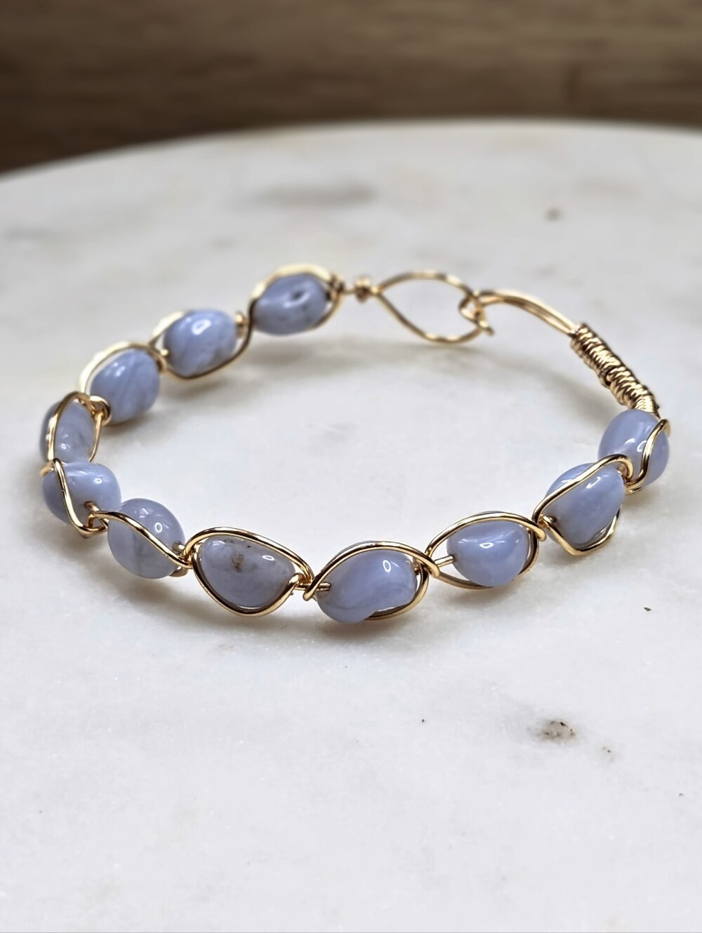 Natural Blue Lace Agate/Chalcedony in Handcrafted Gold Plated Bangle